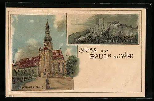 Lithographie Baden, Pfarrkirche und Ruine Rauenstein