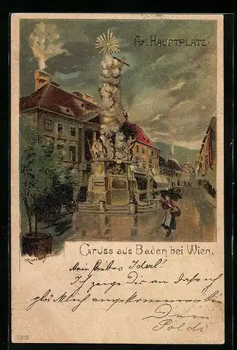 Künstler-AK Baden, Am Hauptplatz mit Denkmal