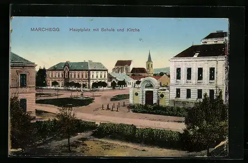 AK Marchegg, Hauptplatz mit Schule und Kirche