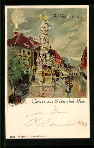 Lithographie Baden, Strassenpartie am Hauptplatz