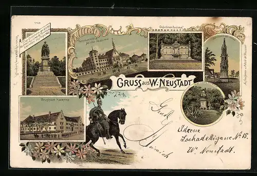 Lithographie Wiener-Neustadt, Gefallenen-Denkmal, Zeughaus-Kaserne, Spinnerin am Kreuz