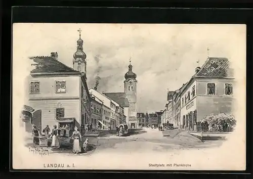 Künstler-AK Eugen Felle: Landau /Isar, Stadtplatz mit Pfarrkirche