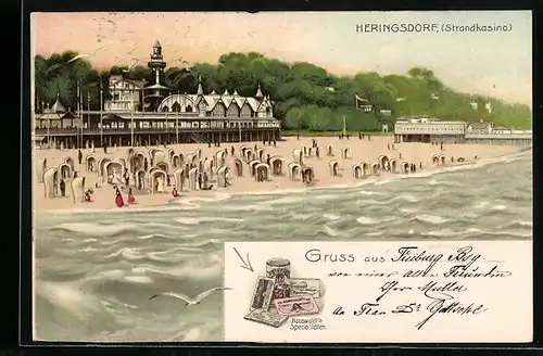 Lithographie Heringsdorf, Blick zum Restaurant und Strandkasino