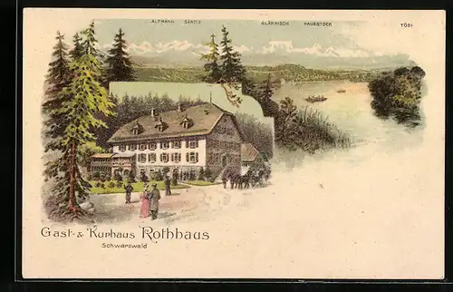 Lithographie Rothhaus /Schwarzwald, Gast- & Kurhaus Rothhaus, Panorama mit Altmann, Säntis und Glärnisch