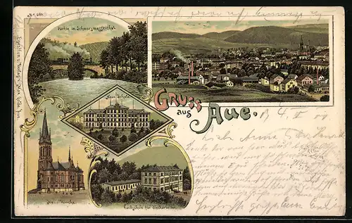 Lithographie Aue, Neue Schule, Fachschule für Blecharbeiten, Schwarzwasserthal