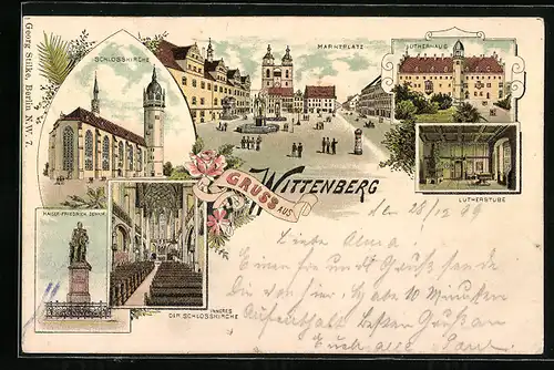 Lithographie Wittenberg, Marktplatz, Lutherhaus, Schlosskirche