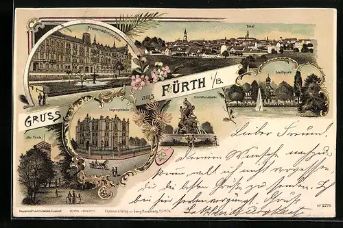 Lithographie Fürth, Logengebäude, Promenadenstrasse, Kunstbrunnen, Stadtpark