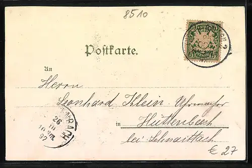 Lithographie Fürth, Logengebäude, Promenadenstrasse, Kunstbrunnen, Stadtpark