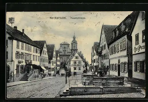 AK Neckarsulm, Hautpstrasse mit Gasthaus, Geschäften und Brunnen