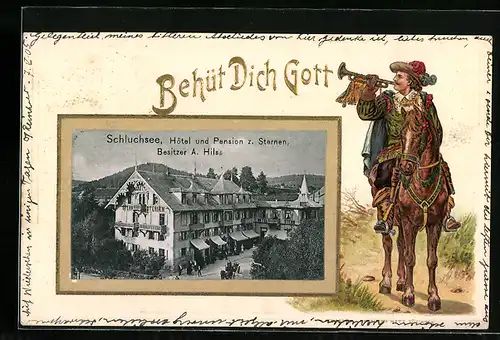 Passepartout-Lithographie Schluchsee, Hotel und Pesnion zum Sternen von A. Hilss, Reiter mit Trompete, Behüt Dich Gott