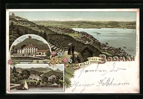 Lithographie Bodman, Gasthof zur Linde, Schloss, Gesamtansicht mit Umgebung aus der Vogelschau