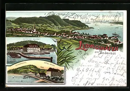 Lithographie Ludwigshafen / Bodensee, Hotel Adler, Hafen mit Zollamt, Gesamtansicht