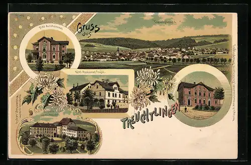 Lithographie Treuchtlingen, Ortsansicht, Villa Aurnhammer, Hotel-Restaurant Poujol, Post und Schloss