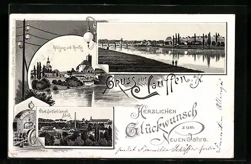 Lithographie Lauffen a. N., Württ. Portland Cement Fabrik, Ortsansicht mit Neckarbrücke
