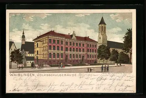 Lithographie Waiblingen, Volksschule an der Michaeliskirche