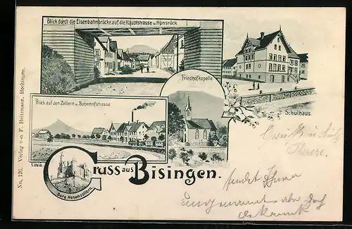 Passepartout-AK Bisingen, Hauptstrasse mit Blick durch die Eisenbahnbrücke, Zollern und Bahnhofstrasse
