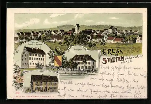 Lithographie Stetten am kalten Markt, Amthaus, Post, Ortspanorama, Wappen
