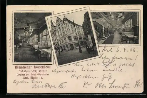 Passepartout-AK Kiel, Gasthaus Münchener Löwenbräu W. Diener mit Strasse und Innenansichten