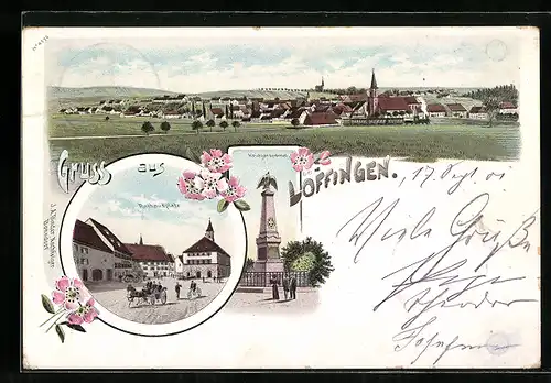 Lithographie Löffingen, Rathausplatz, Kriegerdenkmal, Ortspanorama