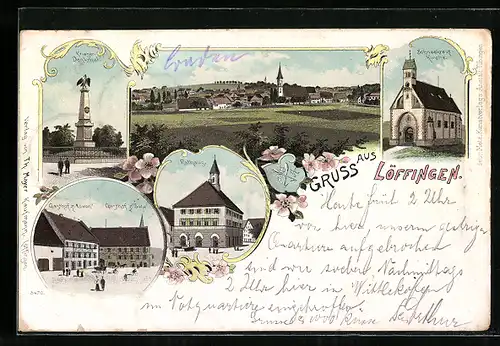 Lithographie Löffingen, Gasthaof zum Löwen u. Gasthof zur SonneSchneekreuz-Kirche, Rathaus