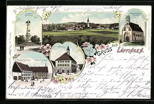 Lithographie Löffingen, Gasthaof zum Löwen u. Gasthof zur SonneSchneekreuz-Kirche, Rathaus