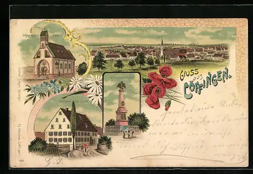 Lithographie Löffingen, Gasthaus zur Linde, Kriegerdenkmal, Schneekreuz-Kapelle