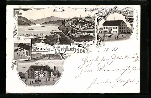 Lithographie Schluchsee, Hotel Sternen, Post, Ortsansicht mit See und Seepromenade