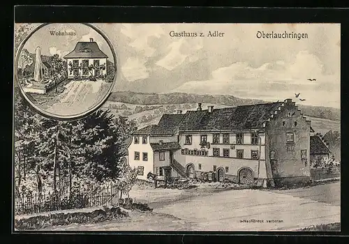 AK Oberlauchringen, Gasthaus zum Adler mit Strasse, Wohnhaus mit Brunnen