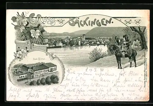 Lithographie Säckingen, Bad-Hotel aus der Vogelschau, Ortspanorama mit Brücke und Trompeter