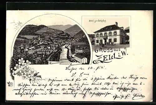 Lithographie Zell i. W., Hotel zum Bahnhof, Gesamtansicht mit Brücken aus der Vogelschau