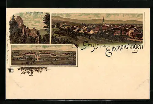 Lithographie Emmendingen, Ruine Hochburg, Heil- und Pflegeanstalt, Ortsansicht
