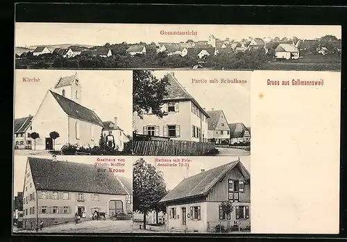 AK Gallmannsweil, Gasthaus zur Krone von F. Muffler, Rathaus mit Friedenslinde, Schulhaus