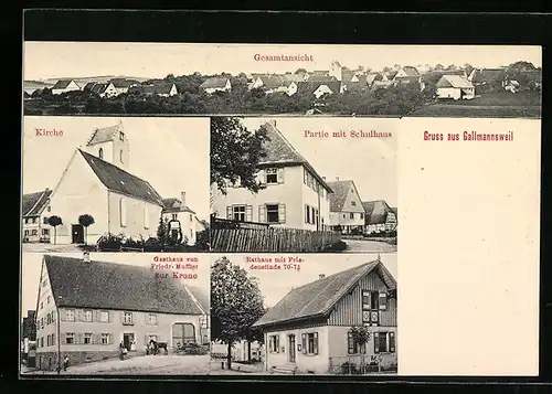AK Gallmannsweil, Gasthaus zur Krone von F. Muffler, Rathaus mit Friedenslinde, Kirche