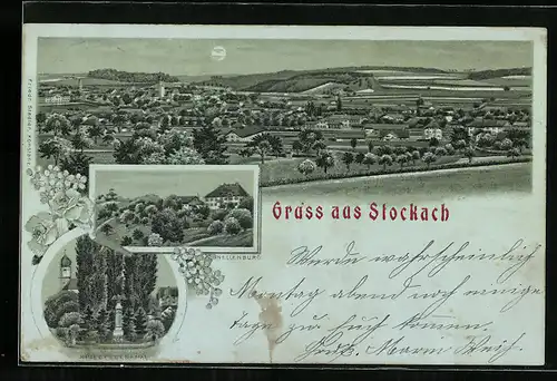 Mondschein-Lithographie Stockach, Nellenburg, Kriegerdenkmal, Panorama