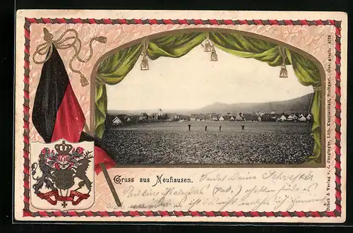 Passepartout-Lithographie München-Neuhausen, Blick über Wiesen auf den Ort, Wappen