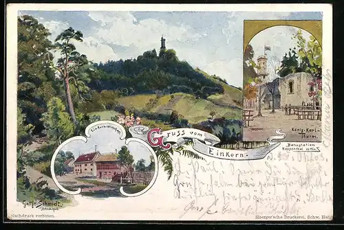 AK Einkorn, Partie am Wald mit Blick zum Turm, Wirtschaft zum Einkorn, König-Karl-Turm