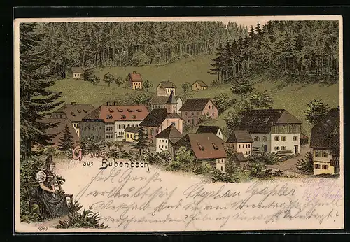 Lithographie Bubenbach, Ortsansicht aus der Vogelschau, Trachtenbild