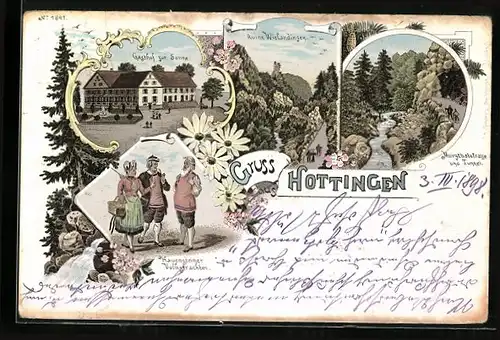 Lithographie Hottingen, Gasthof zur Sonne, Ruine Wielandingen, Hauensteiner Volkstrachten