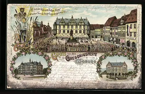 Lithographie Coburg, Gregoriusfest auf dem Marktplatz, Knabenschule, Mädchenschule