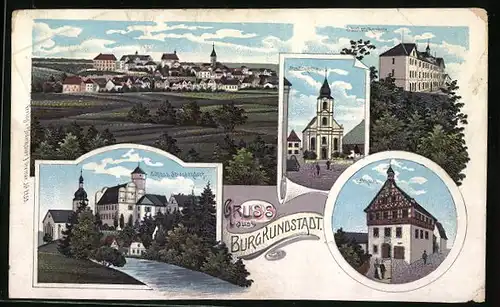 Lithographie Burgkundstadt, Schloss Strössendorf, Stadtkirche, Idioten-Anstalt