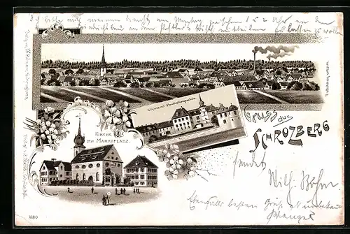 Lithographie Schrozberg, Teilansicht, Schloss mit Haushaltungsschule, Kirche mit Marktplatz