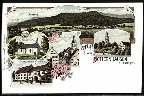 Lithographie Dotternhausen b. Balingen, Freiherrl. von Cottasches Schloss, St. Anna-Kapelle, Kirche u. Pfarrhaus