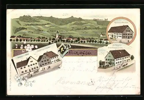 Lithographie Frickingen, Gasthaus z. Adler, Handlung v. J. Huber, Gasthaus z. Paradies, Gasthaus z. Löwen
