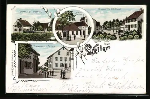 Lithographie Weiler, Gasthaus z. Sonne, Pfarrhaus und Umgebung, Kirche und Rathaus, Strasse mit Schulhaus