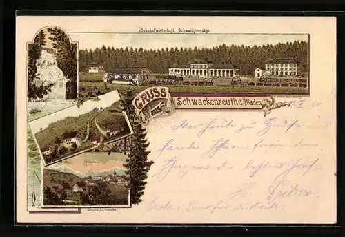 Lithographie Schwackenreuthe i. Baden, Bahnhof und Bahnhofwirtschaft mit Dampfzügen, Wasserfall