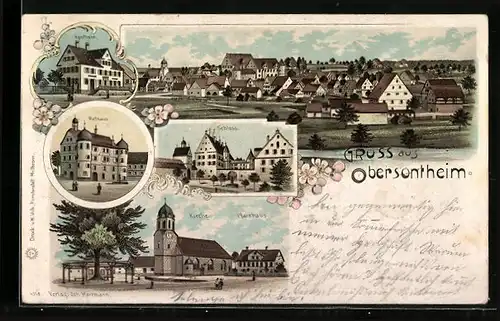 Lithographie Obersontheim, Apotheke, Rathaus, Schloss, Kirche, Pfarrhaus, Ortsansicht