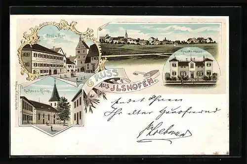 Lithographie Ilshofen, Krankenhaus, Rathaus & Kirche, Post und Thor