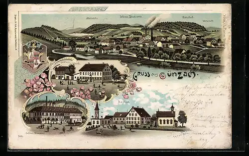 Lithographie Günzach, Gasthaus z. Hirsch, Schloss-Brauerei, Bauhof, Wappen