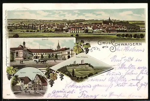 Lithographie Schwaigern, Schloss, Rentamt, Altes Haus, Ruine Neipperg, Ortsansicht aus der Vogelschau