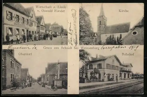 AK Schaidt bei Weissenburg, Gasthaus zur Linde, Kirche, Oberdorf, Bahnhof